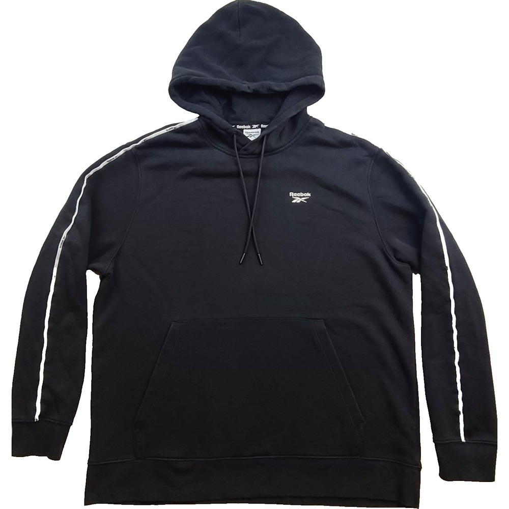 Reebok Men’s XL Black Pullover Hoodie White Sleeve Stripe Vector Logo Fleece